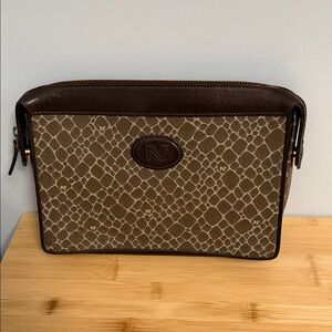Nina Ricci NR Vintage Brown Coated Canvas & Leather Trimmed Clutch  Cosmetic Bag